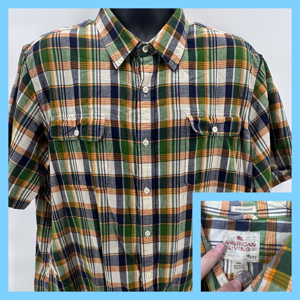 American Living Plaid Button Up Shirt Short Sleeve Custom Fit XX Large‎